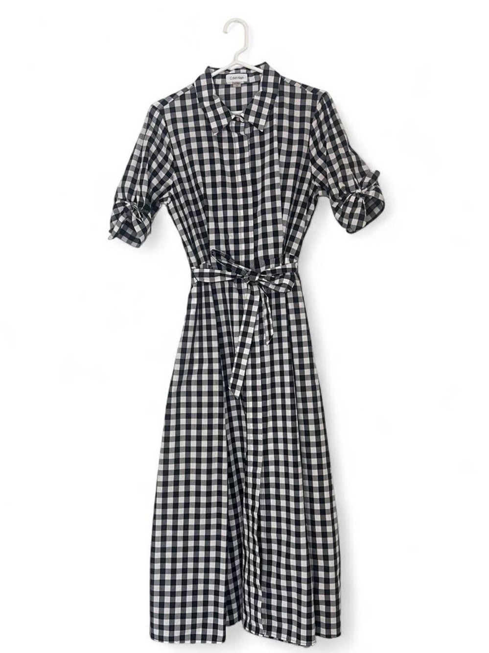 Calvin Klein Black and White Gingham Midi Shirt Dress